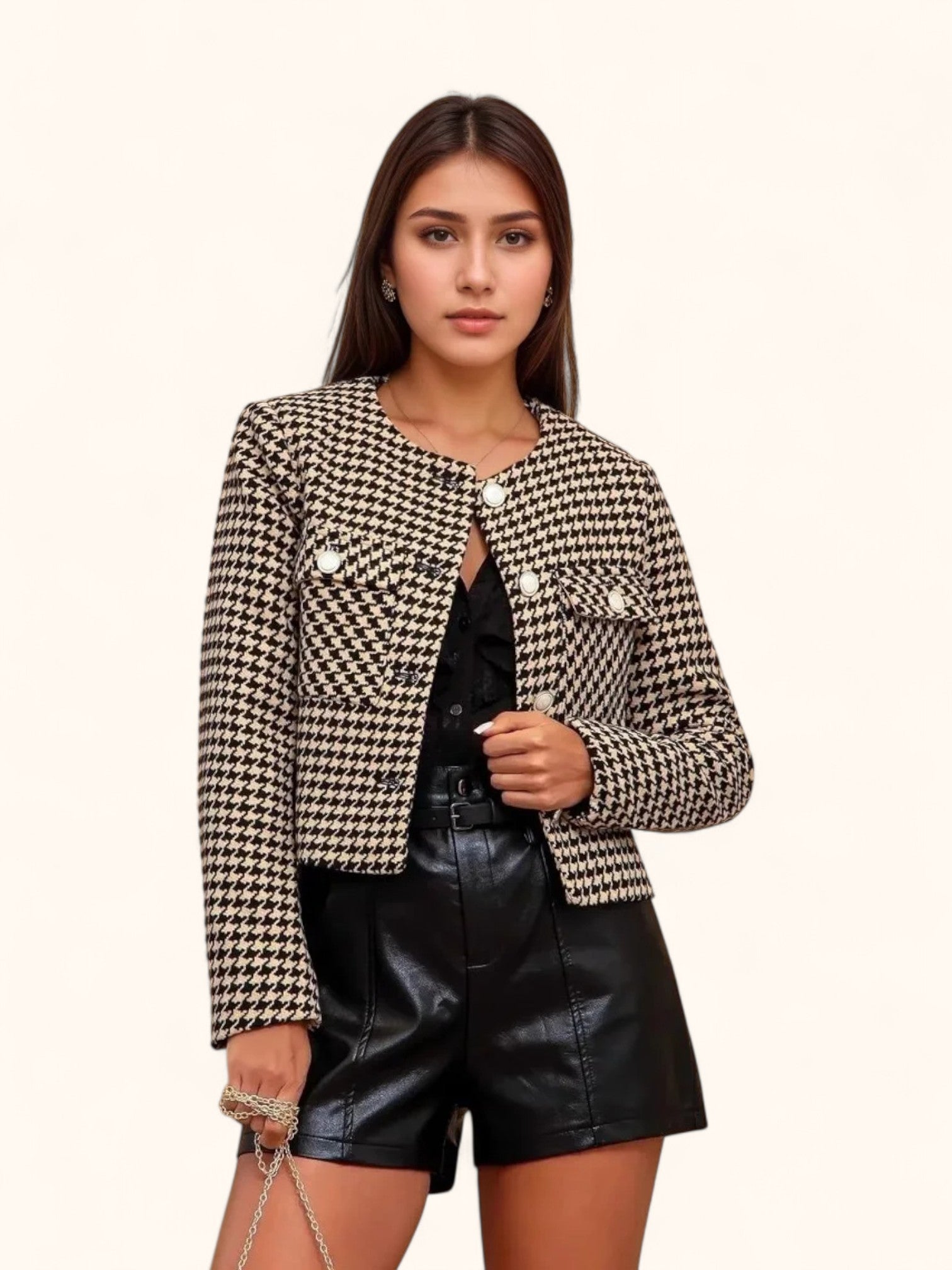 Checked Women's Tweed Jacket: Long Sleeve With Pockets