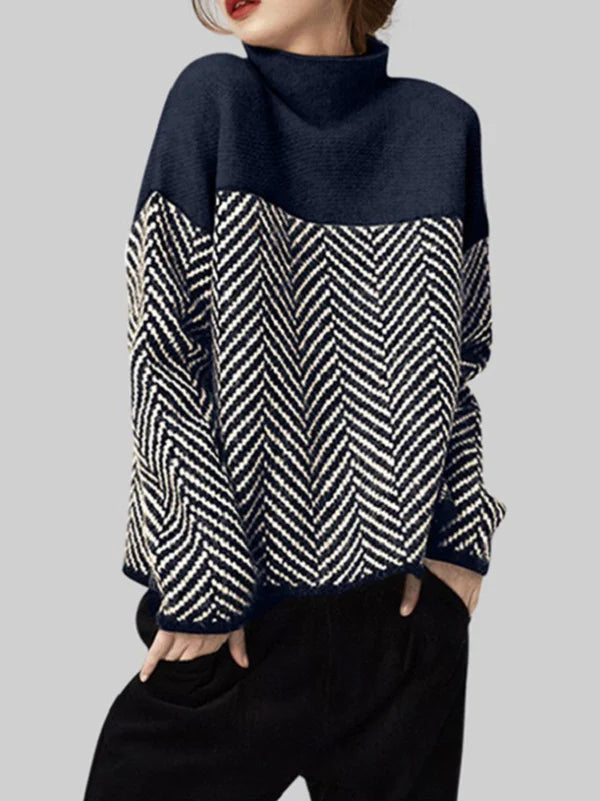 Turtleneck Sweater Women with Chevron Pattern and Contrasts