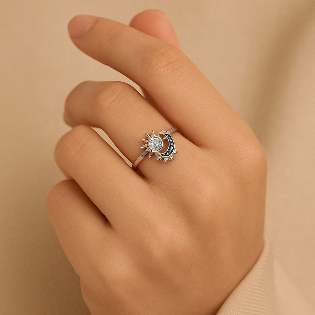 Enchanting set of 2 sun and moon rings