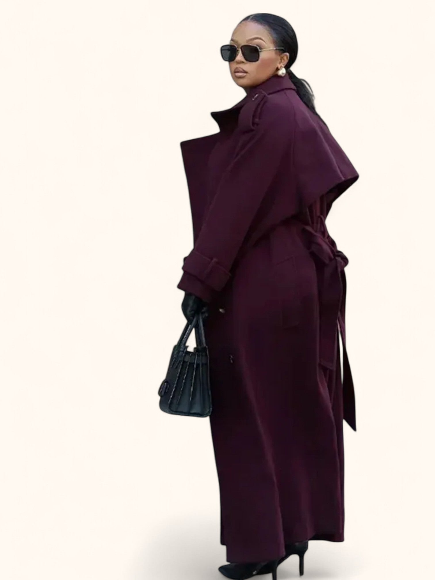 Women's Wool Coat Wine Red With Belt And Lapel – Autumn/Winter