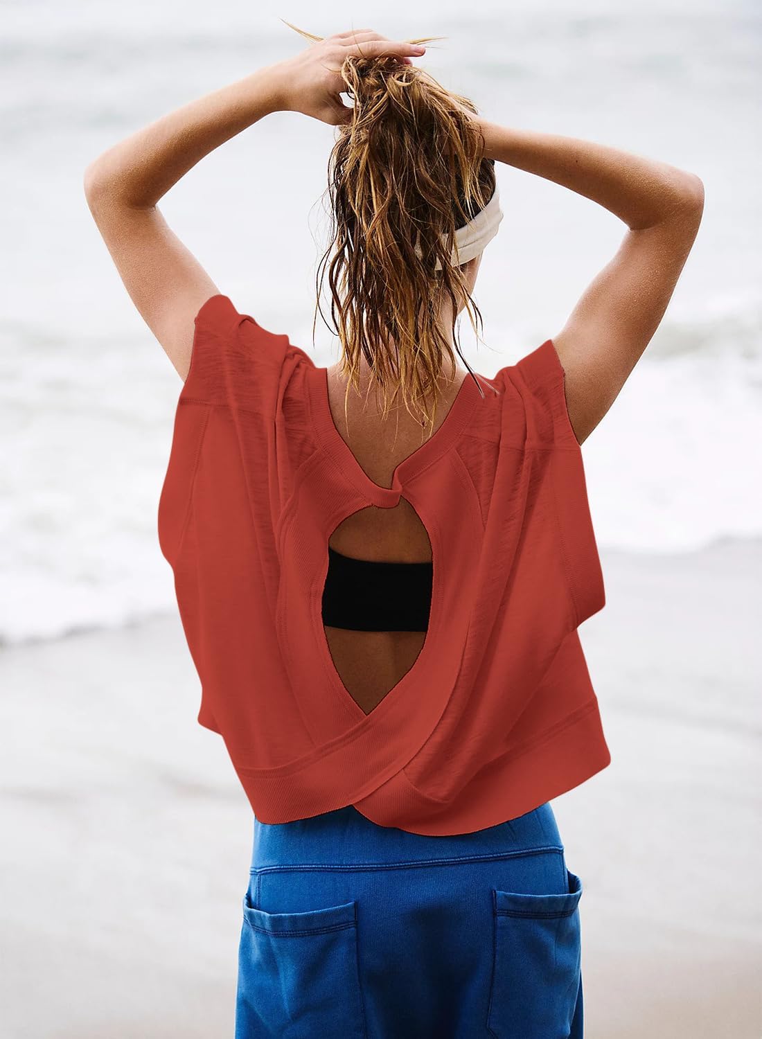 REMINORA® Women's Sport T-Shirt with Open Back – Casual Y2K Workout Crop Top for Yoga, Gym & Running | Breathable Short Sleeve Fitness Shirt