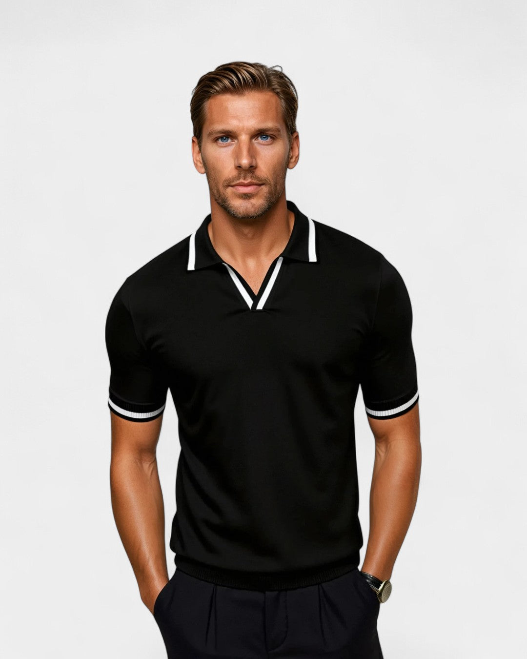 Herren Strick-Poloshirt mit Kontrastdetails und offenem Kragen