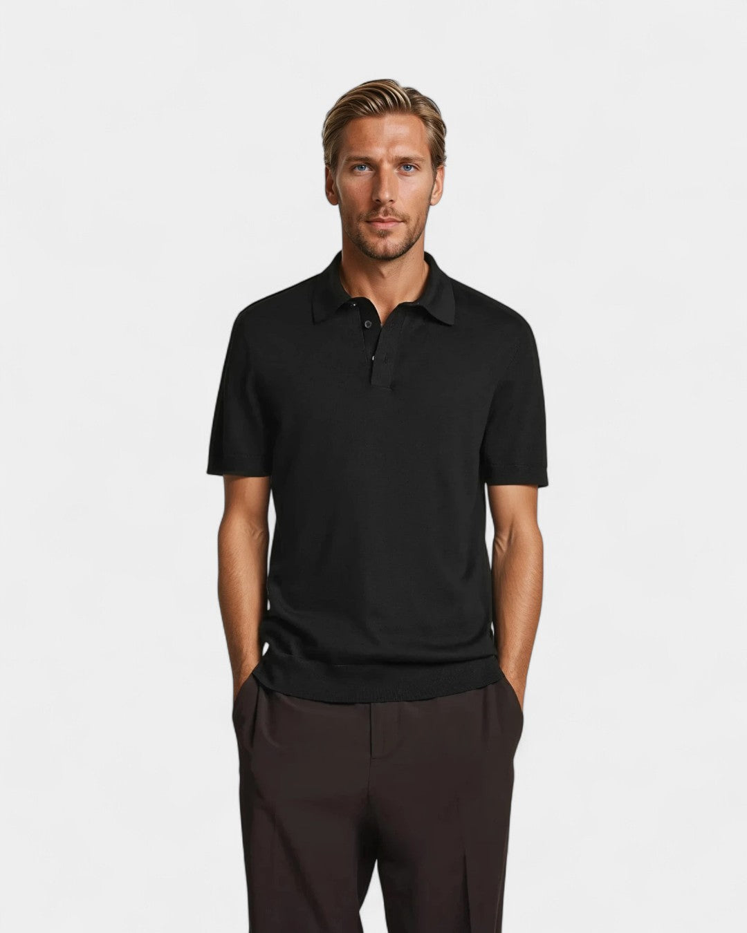 Luxuriöses Strick-Poloshirt in Schwarz