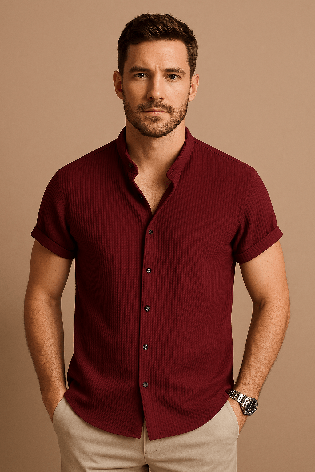 Men's short-sleeve shirt – breathable, stand-up collar, summer