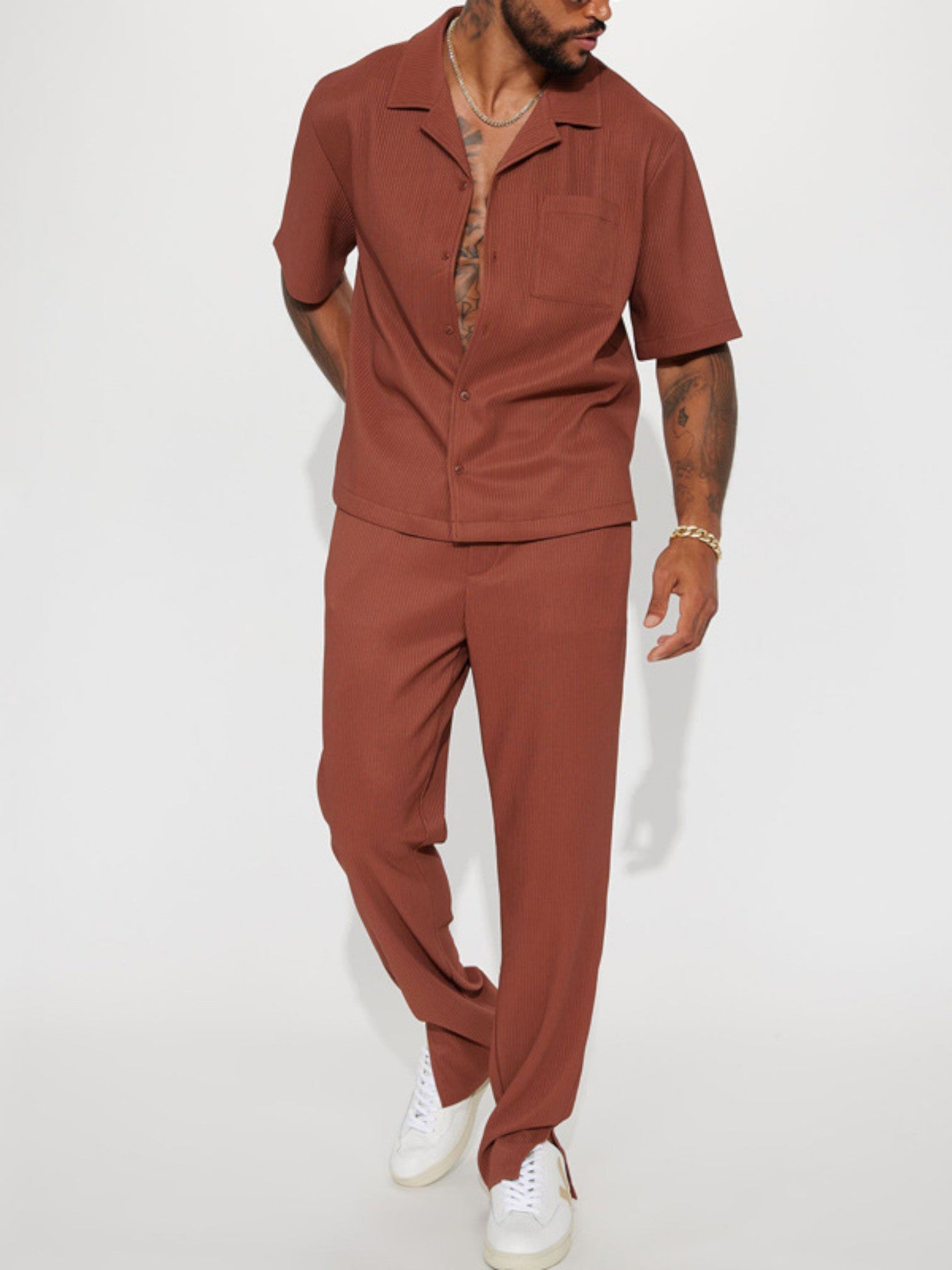 Men's Two-Piece Set – Stylish Short-Sleeve Suit with Shirt & Long Pants | Modern Casual & Summer Look for Men