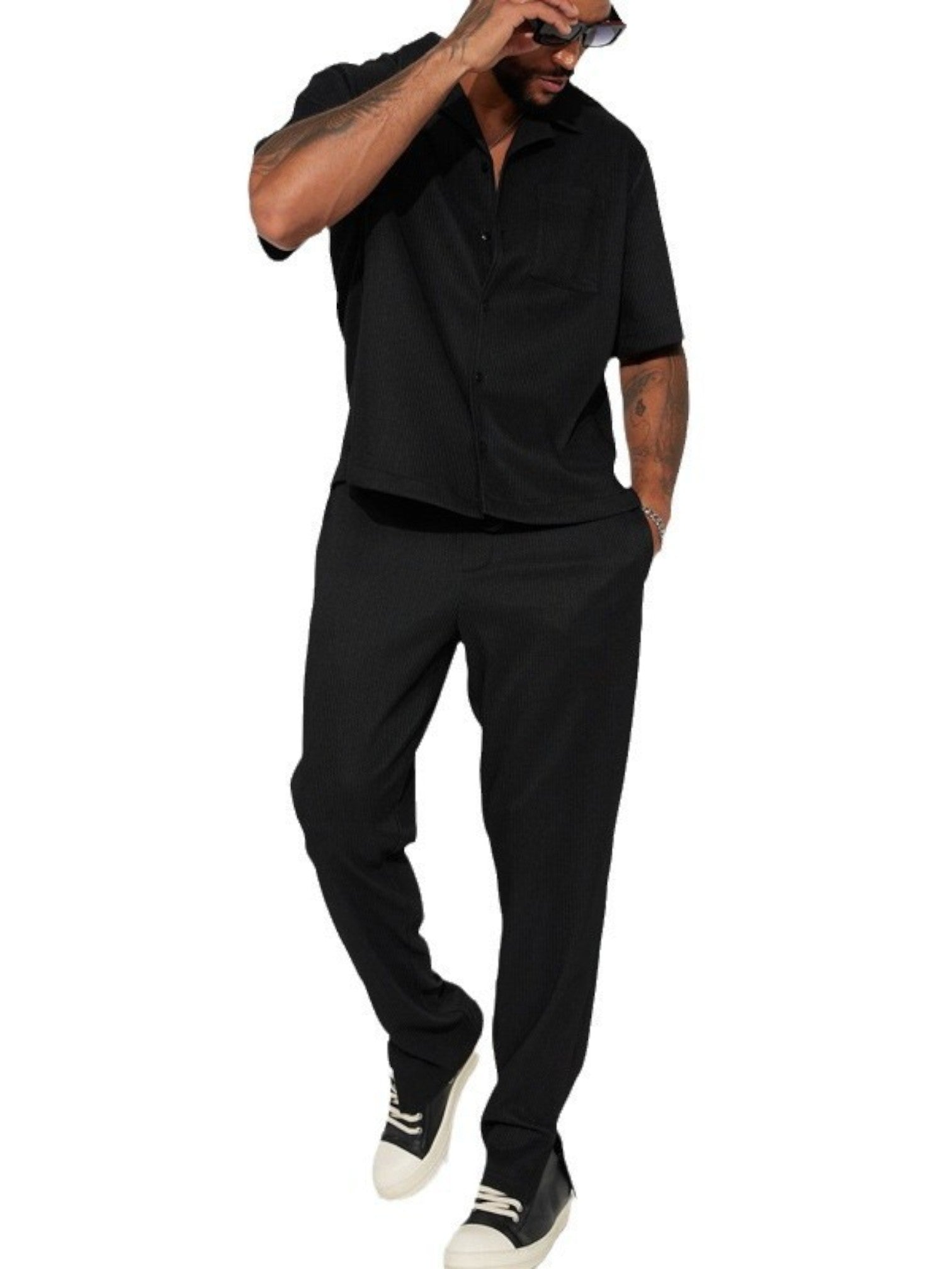 Men's Two-Piece Set – Stylish Short-Sleeve Suit with Shirt & Long Pants | Modern Casual & Summer Look for Men