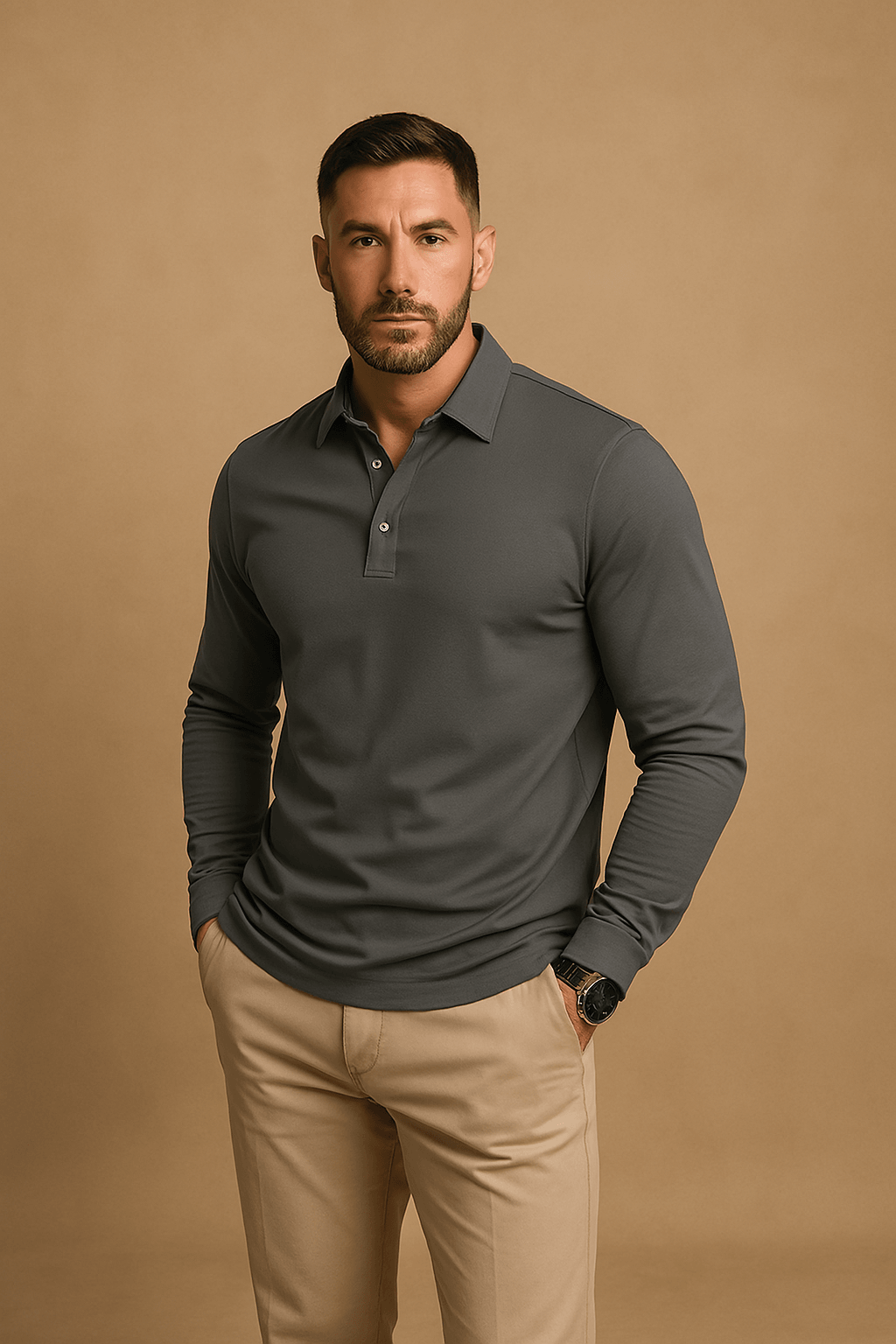 Elegant men's long-sleeve polo – versatile for office & leisure
