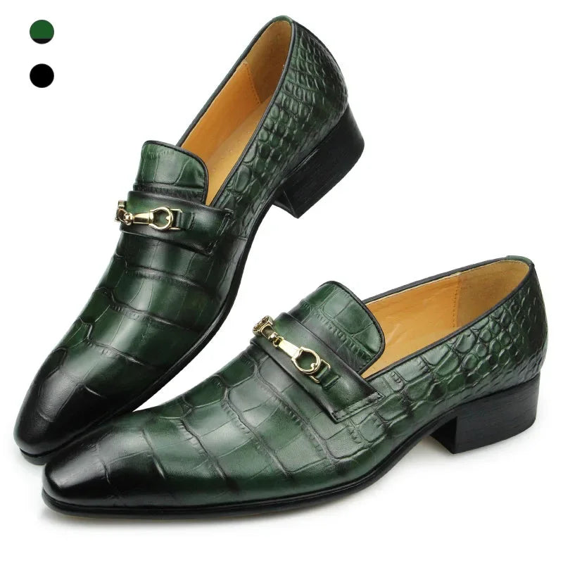 Elegante Herren Loafer aus Leder – Hochzeit & Business Schuhe mit Schnalle in Schwarz und Grün | Handgefertigte Slipper für Büro, Bankett & Freizeit
