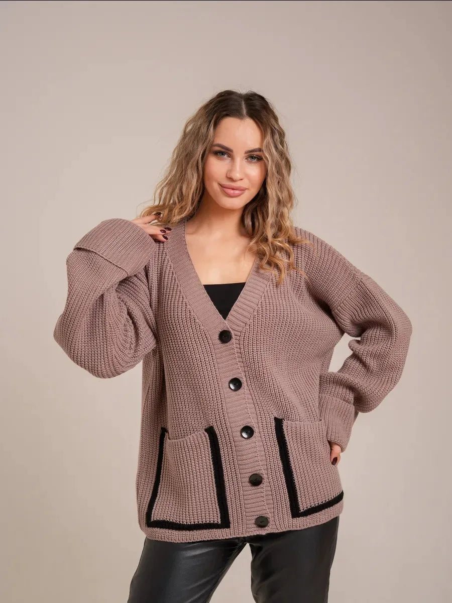 Contrast-colored women's knit cardigan – Elegant V-neck cardigan with pockets | Fashionable knit sweater for autumn & winter