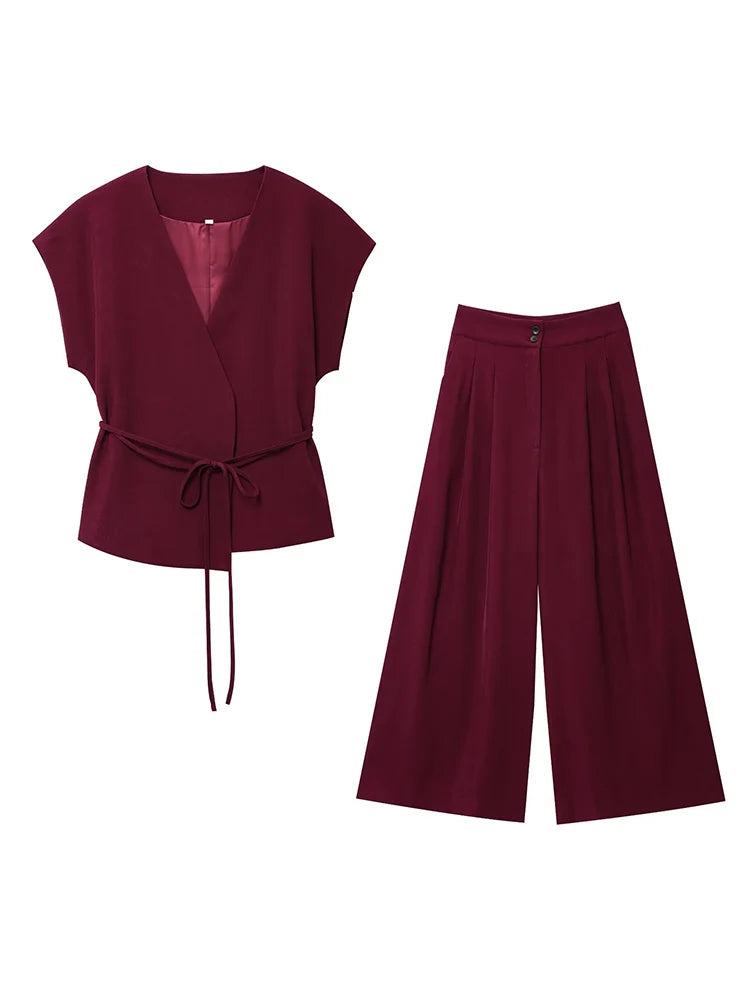 Elegantes Damen Zweiteiler Set 2025 – Ärmelloses V-Ausschnitt Top mit Gürtel & Gerade Hose für Büro, Alltag & Sommer-Outfits