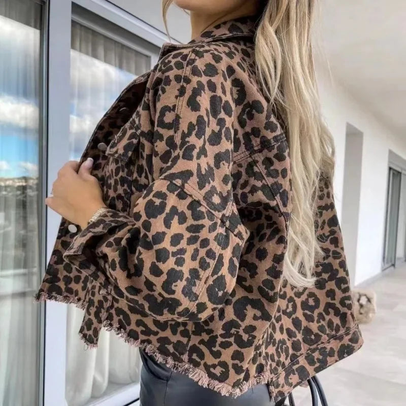 Denim jacket with leopard pattern
