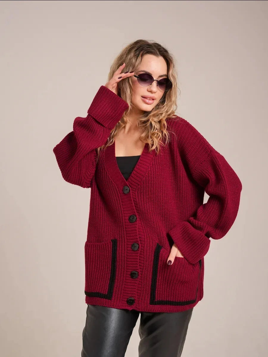 Contrast-colored women's knit cardigan – Elegant V-neck cardigan with pockets | Fashionable knit sweater for autumn & winter