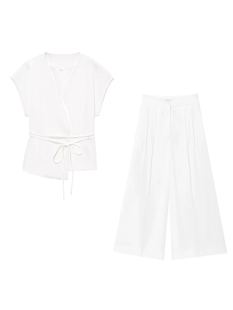 Elegantes Damen Zweiteiler Set 2025 – Ärmelloses V-Ausschnitt Top mit Gürtel & Gerade Hose für Büro, Alltag & Sommer-Outfits