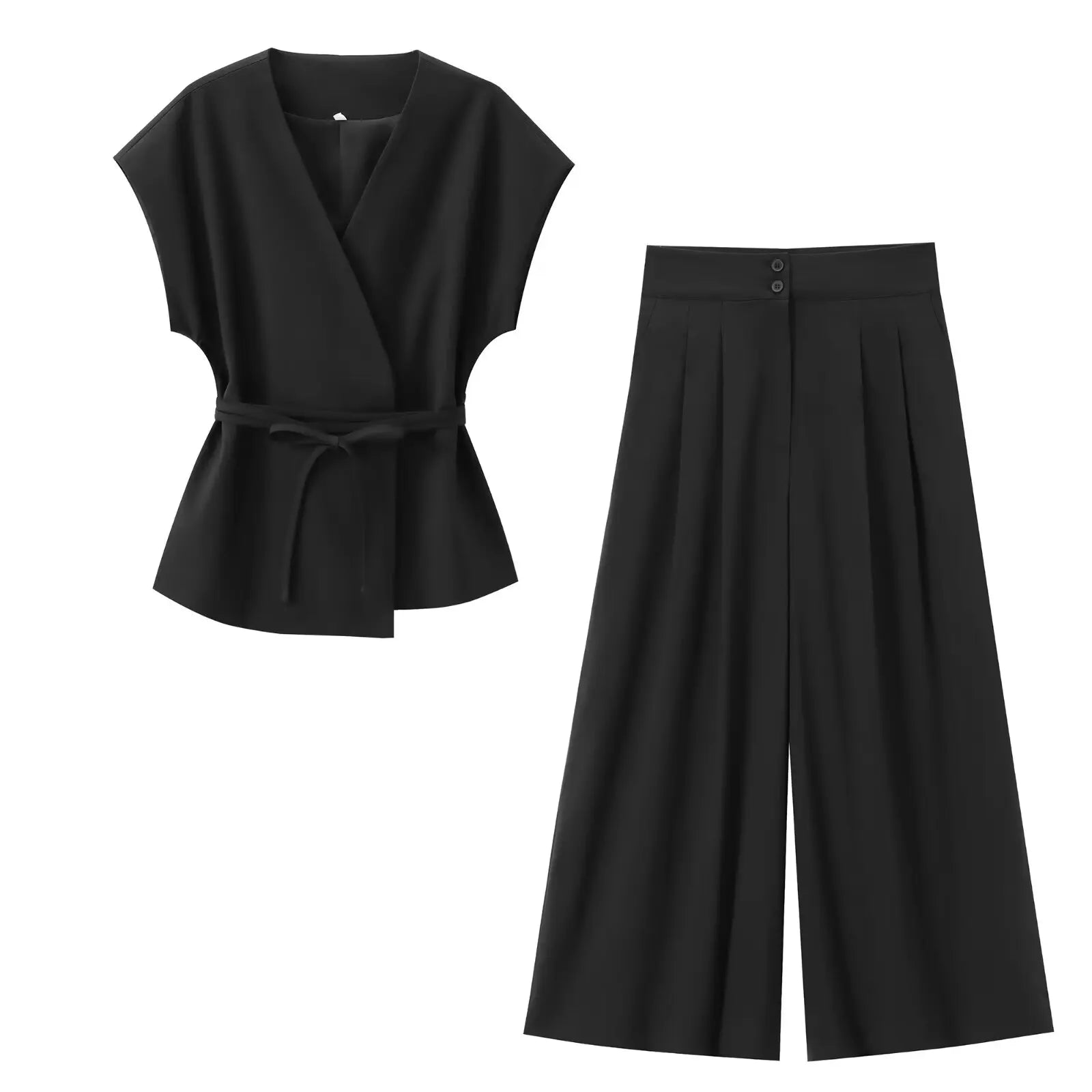 Elegantes Damen Zweiteiler Set 2025 – Ärmelloses V-Ausschnitt Top mit Gürtel & Gerade Hose für Büro, Alltag & Sommer-Outfits