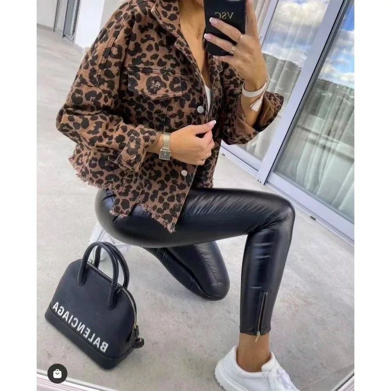 Denim jacket with leopard pattern