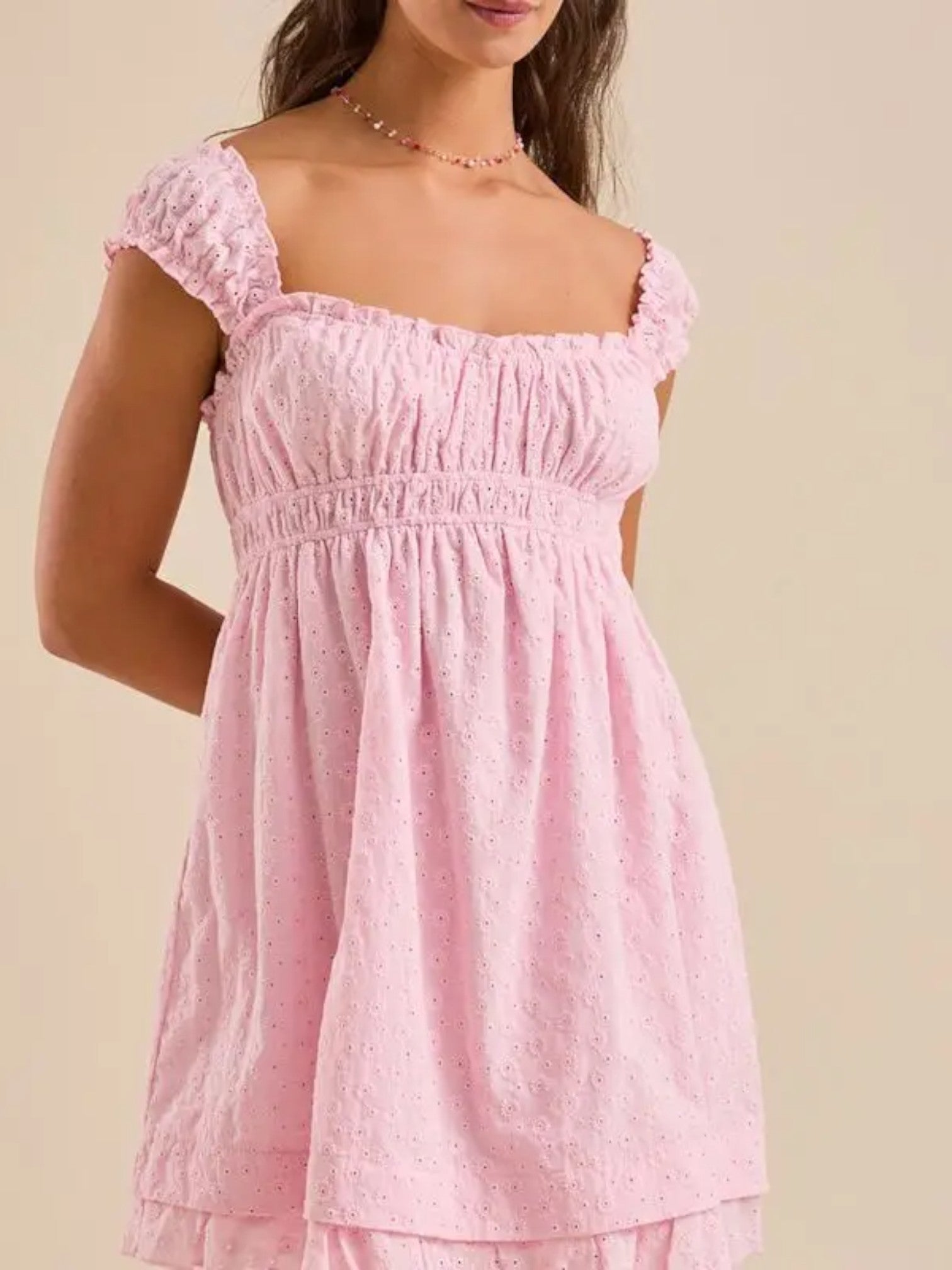 Summer mini dress – sleeveless with embroidery & ruffles