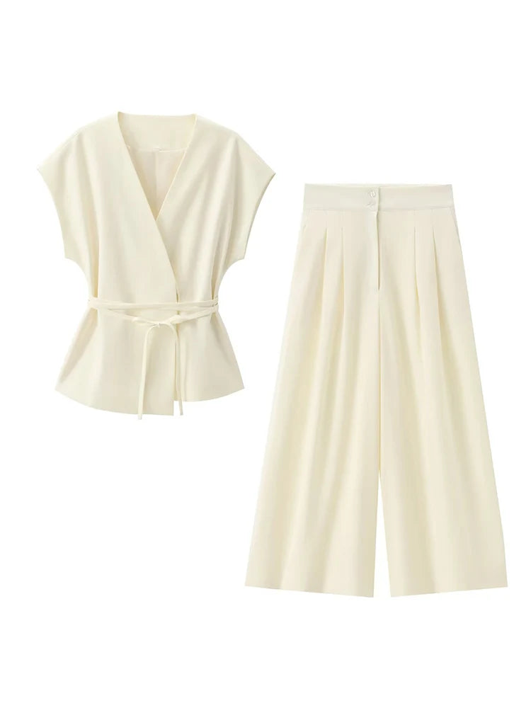 Elegantes Damen Zweiteiler Set 2025 – Ärmelloses V-Ausschnitt Top mit Gürtel & Gerade Hose für Büro, Alltag & Sommer-Outfits
