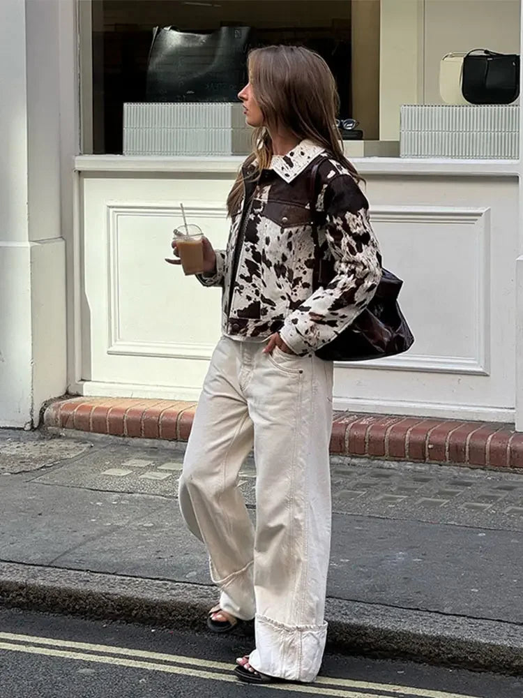 Women's leather fur jacket with cow spots – High street fashion for autumn - Rianne