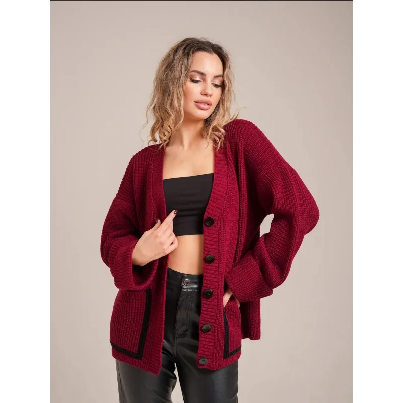 Contrast-colored women's knit cardigan – Elegant V-neck cardigan with pockets | Fashionable knit sweater for autumn & winter