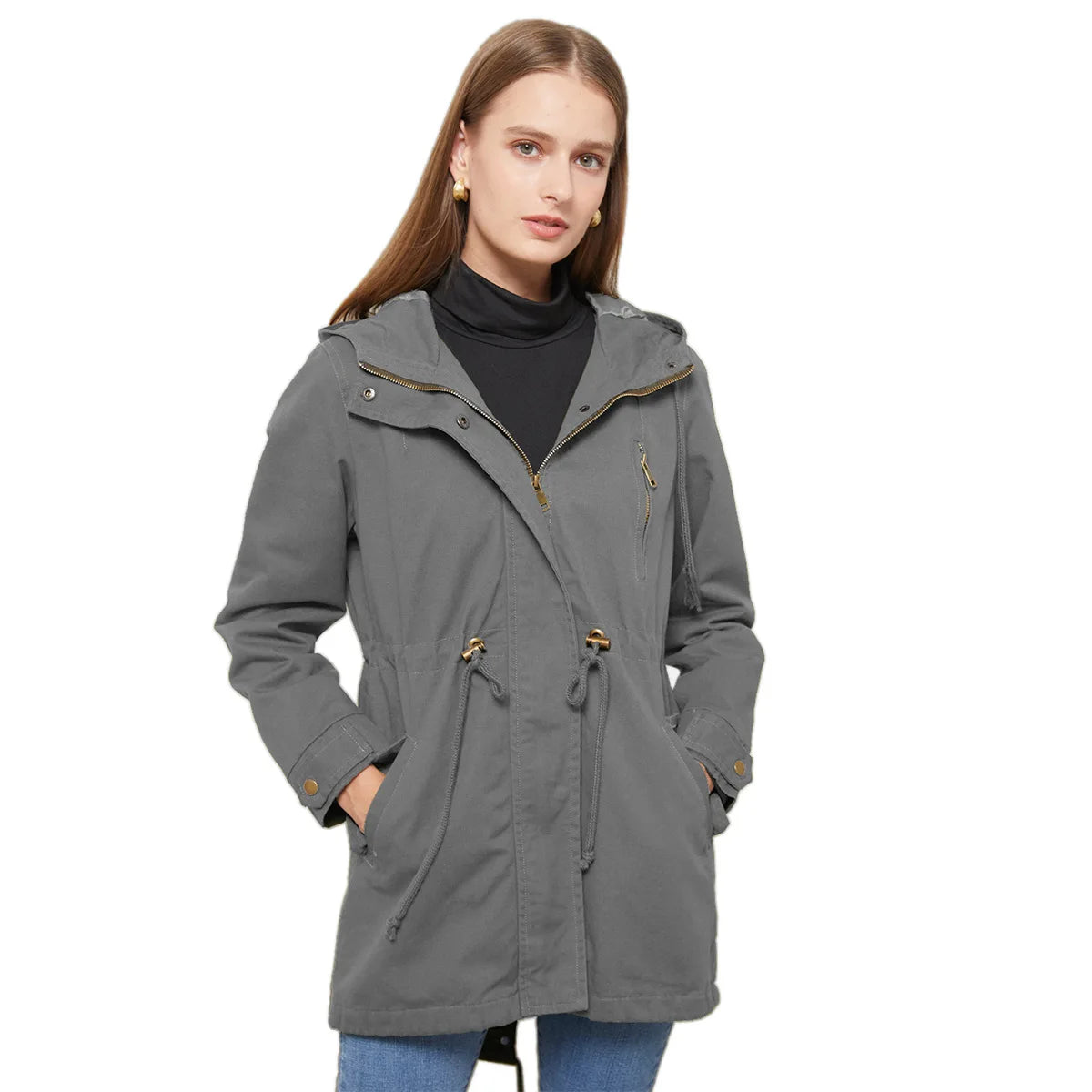 Women's zipper windbreaker with drawstring