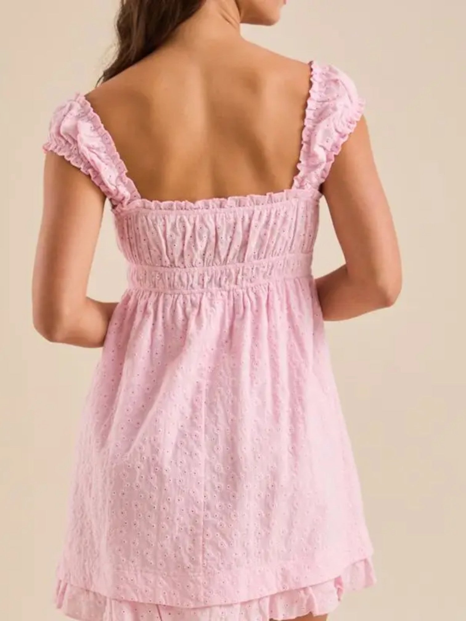 Summer mini dress – sleeveless with embroidery & ruffles