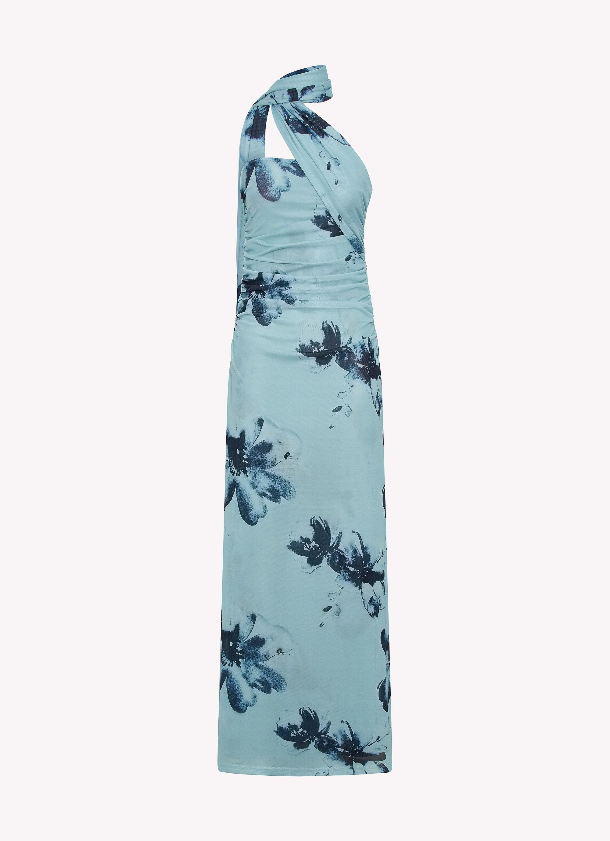 Off-shoulder floral dress long – elegant summer dress with halter neck & figure-hugging cut in blue