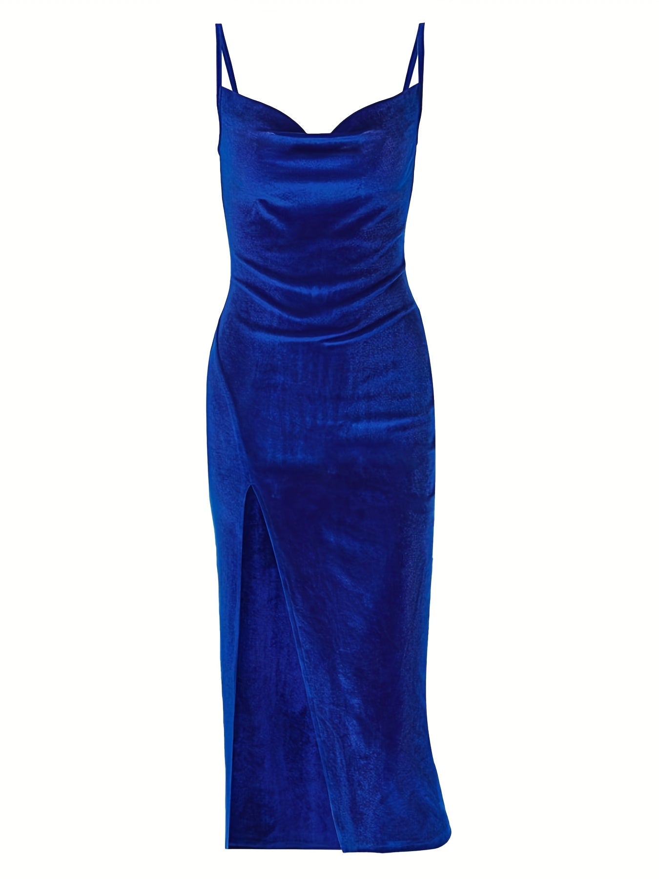 Satin evening dress with leg slit – figure-hugging cocktail dress with spaghetti straps & cowl neckline