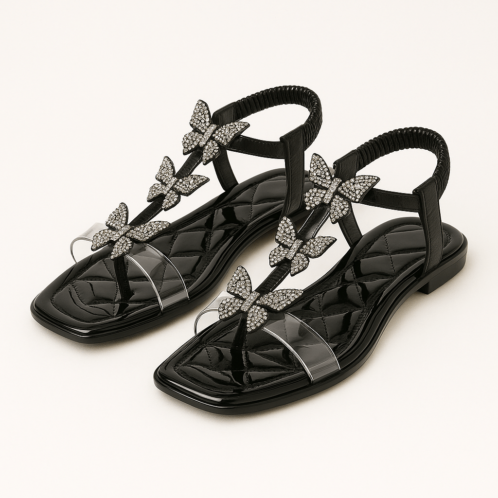 Beige Glitzer - Sandalen für Damen mit Schmetterlingsdesign - Reminora