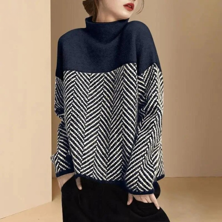 Turtleneck Sweater Women with Chevron Pattern and Contrasts