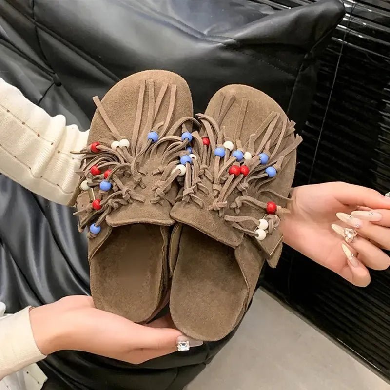 Elegante Boho Damen - Mokassins aus Wildleder mit Fransen – Sommer 2025 Sandalen - Reminora