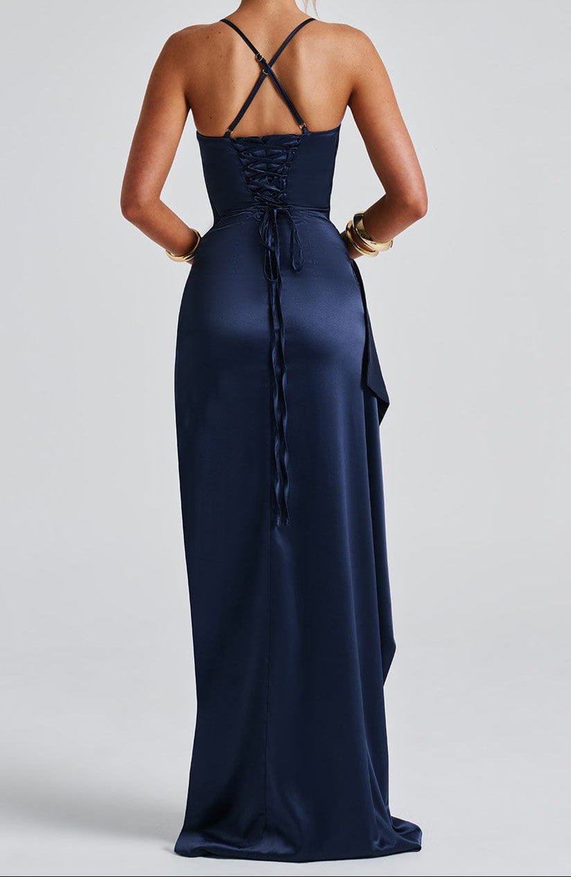Satin Abendkleid Blau – Figurbetontes Maxikleid mit Beinschlitz
