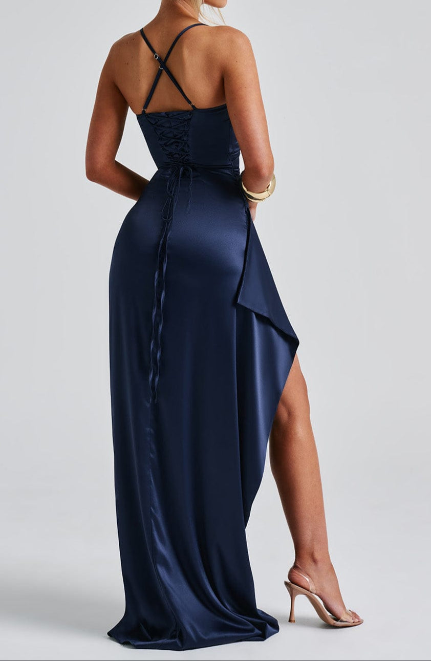 Satin Abendkleid Blau – Figurbetontes Maxikleid mit Beinschlitz