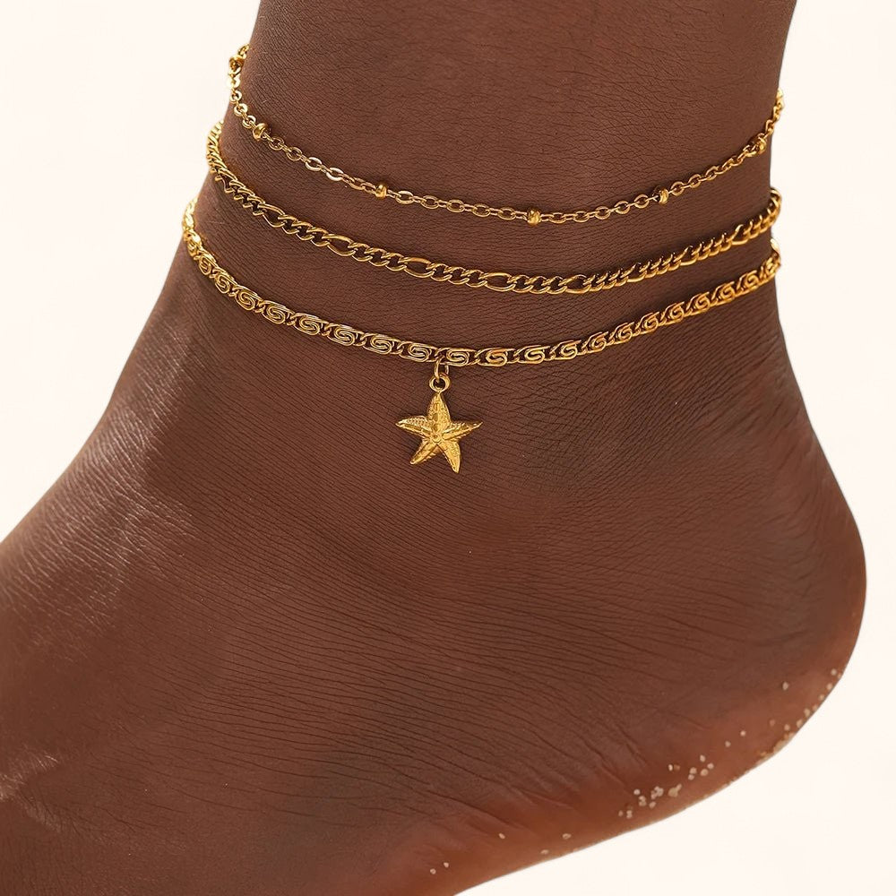 Luxuriöse Fußkette mit Sternen – Dreifach-Kette für jeden Anlass