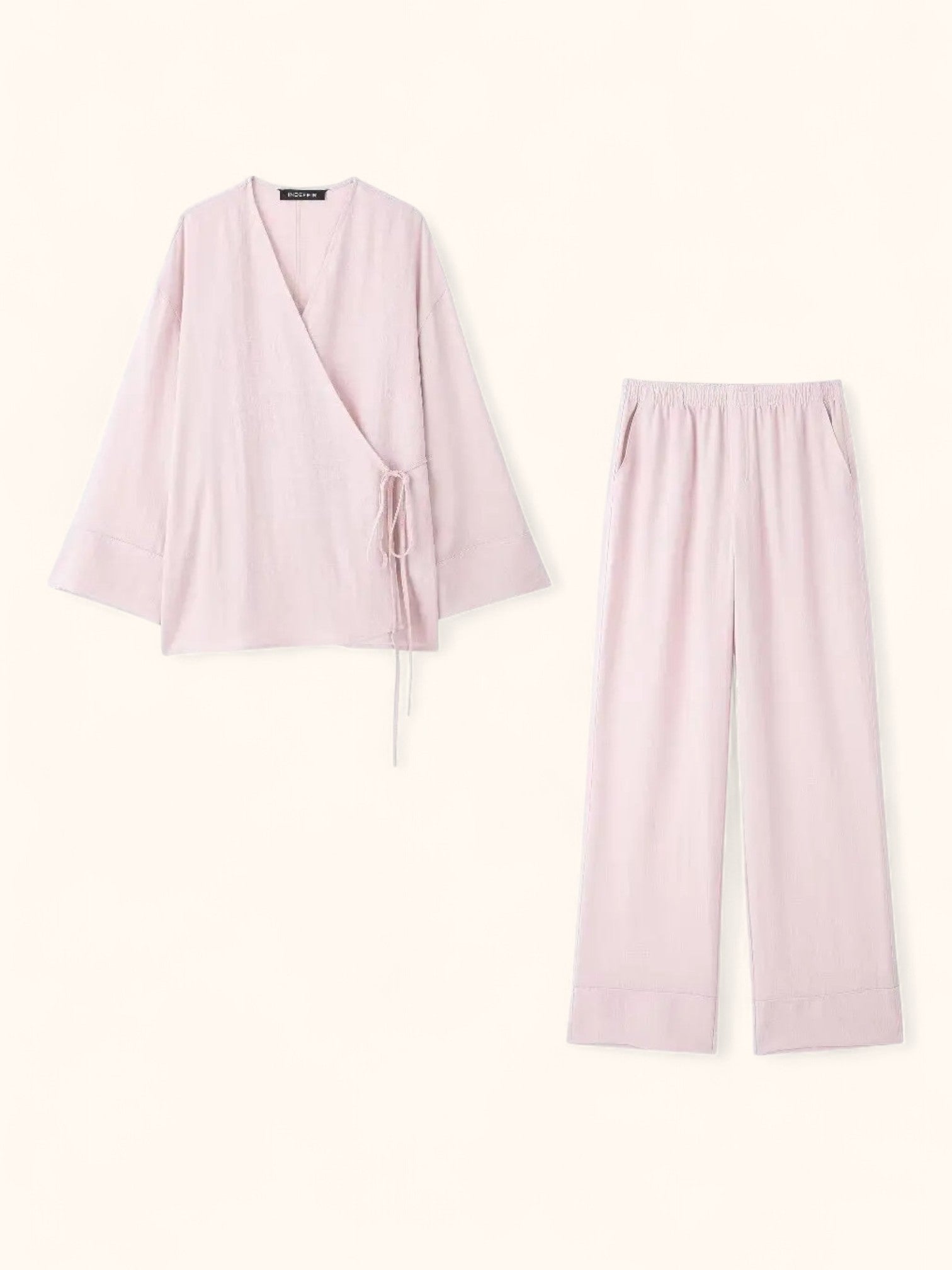 Women's Linen Kimono: Solid Color Slit Shirt & Pants Set