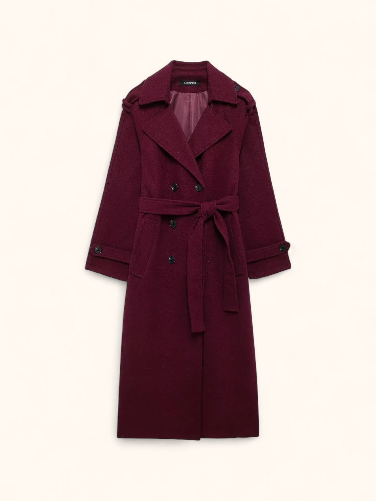Women's Wool Coat Wine Red With Belt And Lapel – Autumn/Winter