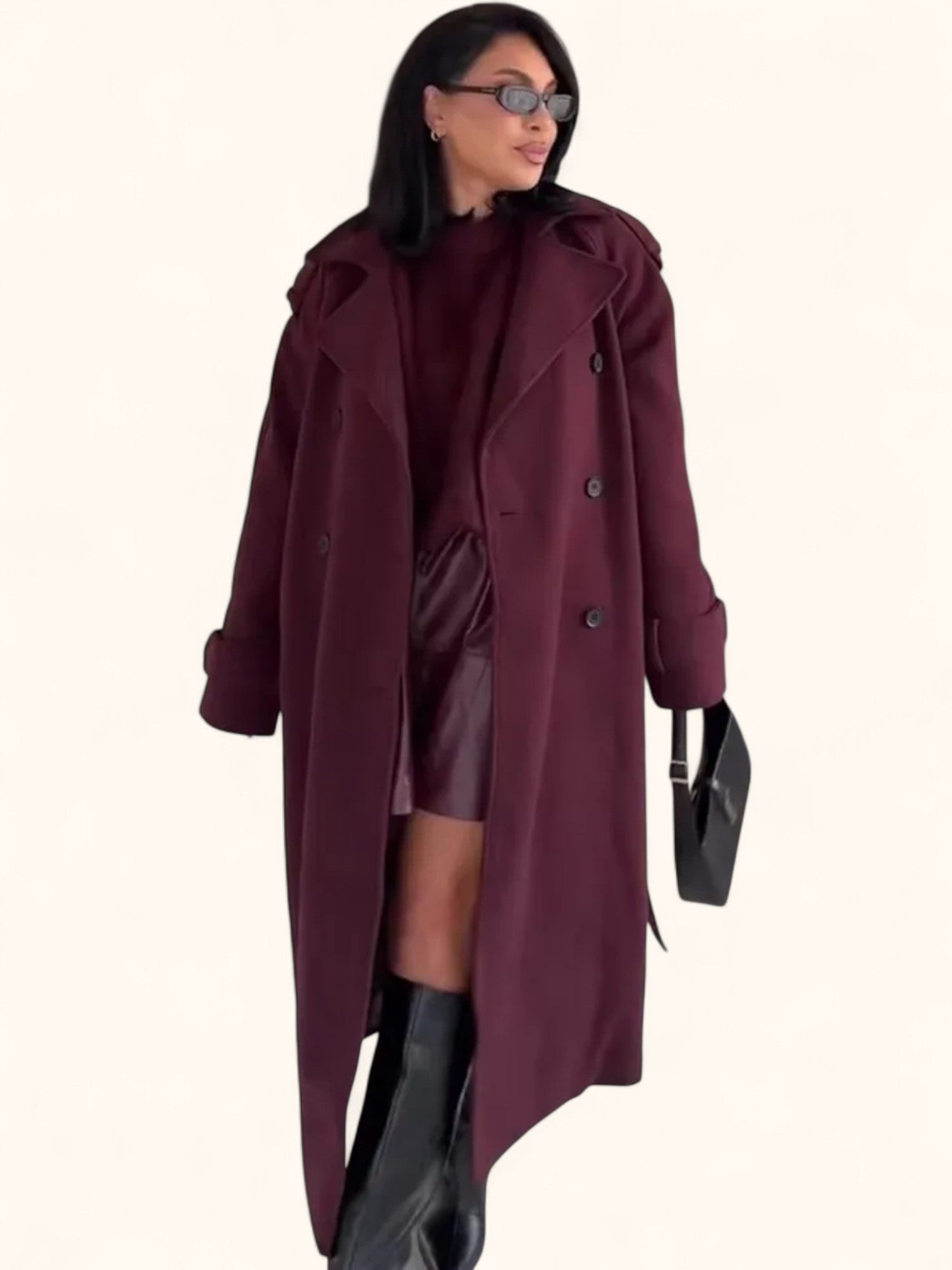 Women's Wool Coat Wine Red With Belt And Lapel – Autumn/Winter