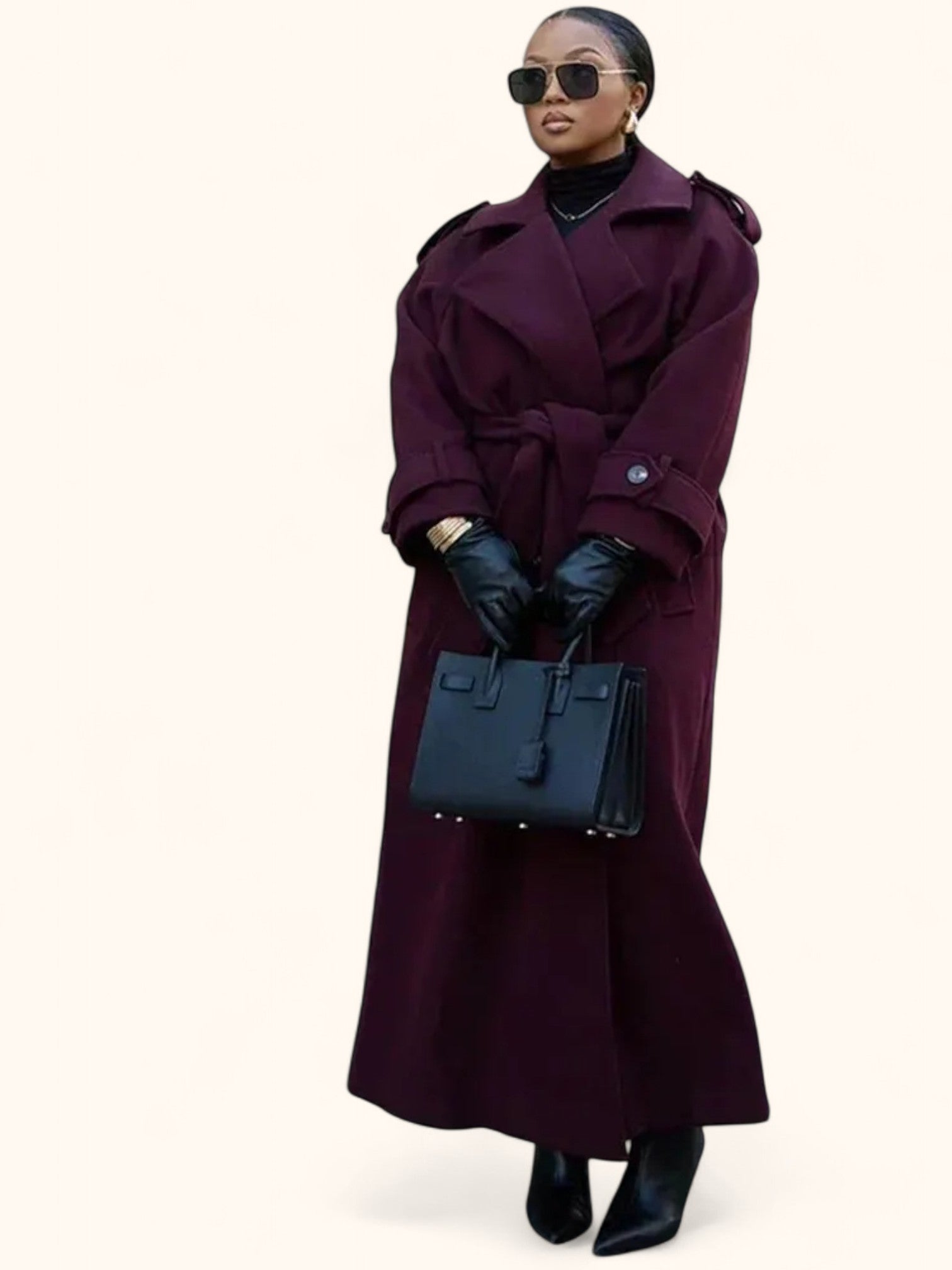 Women's Wool Coat Wine Red With Belt And Lapel – Autumn/Winter