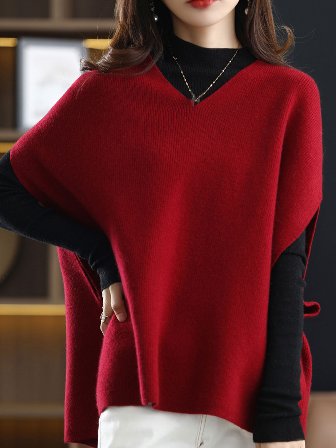 Women's V-neck Knit Vest | Solid Color & Versatile
