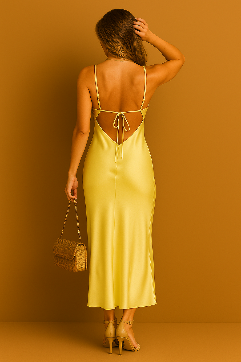 Backless Summer Dress Women 2025 – Long Yellow Dress with V-Neck & Straps for Beach & Party