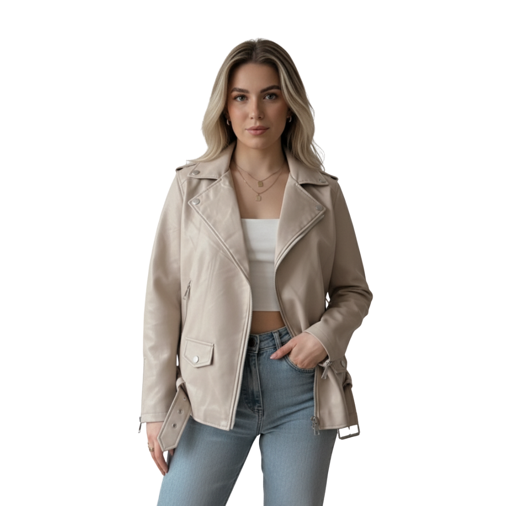 Women's faux leather jacket with belt – tailored & versatile