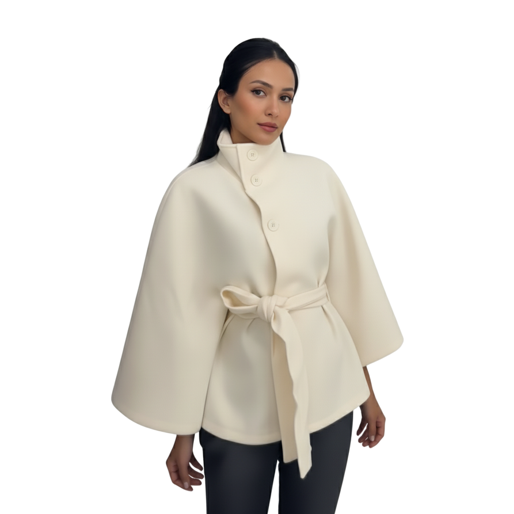 Women's wool coat with stand-up collar & batwing sleeves – autumn elegance
