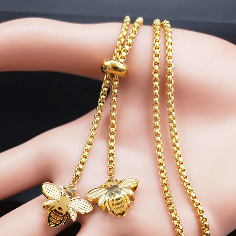 Lange Bienen-Halskette aus Edelstahl für Damen – Goldfarbene Statement-Kette, Modischer Schmuck für Frauen