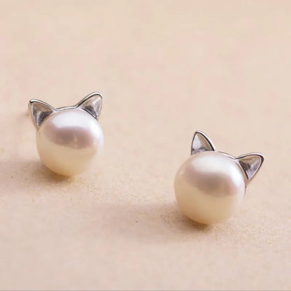 Niedliche Katzen-Ohrringe aus 925 Sterling Silber mit Perle – Eleganter Schmuck für Damen, Perfektes Geschenk für Katzenliebhaber