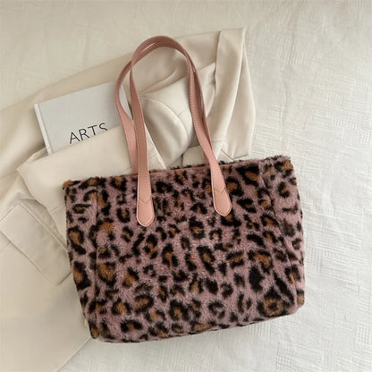 Große Plüsch Leopard-Print Umhängetasche – Winter Faux-Pelz Shopper für Frauen