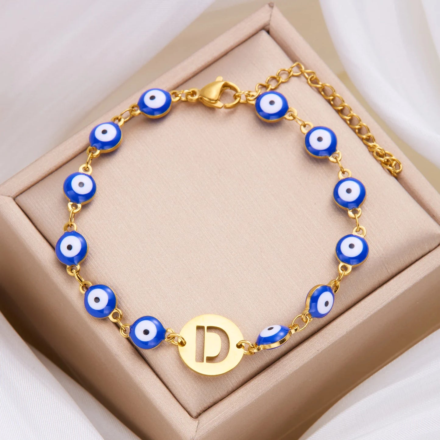 Glücksarmband mit Blauem Auge und Schutz-Anhänger – Edelstahl Kettenarmband mit Initialen A-Z, Böser-Blick Schmuck für Damen