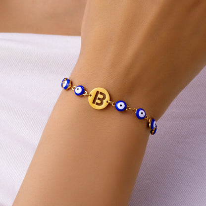 Glücksarmband mit Blauem Auge und Schutz-Anhänger – Edelstahl Kettenarmband mit Initialen A-Z, Böser-Blick Schmuck für Damen