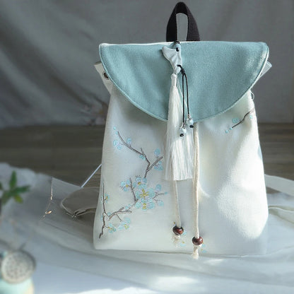 Damen-Rucksack im chinesischen Stil – Bestickte Leinwand-Tasche mit Blumen und Quasten