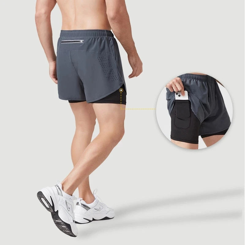 Men's 2-in-1 Running Shorts Black – Double-Layer Fitness Shorts with Inner Shorts | Quick Drying & Breathable for Training, Workout & Bodybuilding