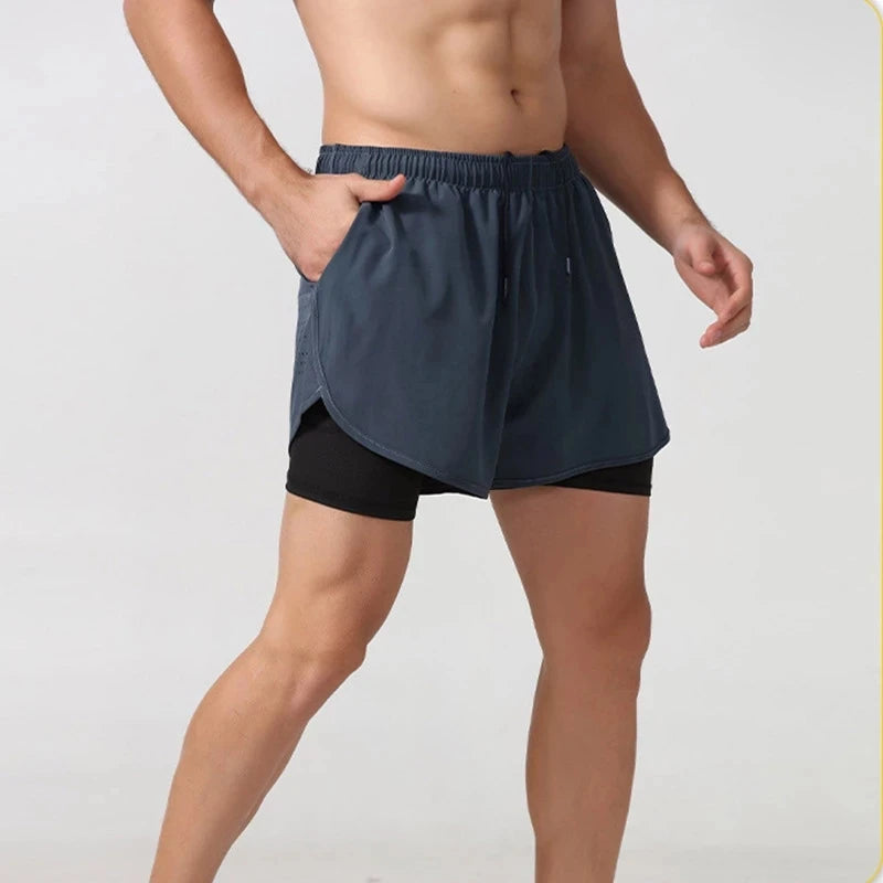 Men's 2-in-1 Running Shorts Black – Double-Layer Fitness Shorts with Inner Shorts | Quick Drying & Breathable for Training, Workout & Bodybuilding
