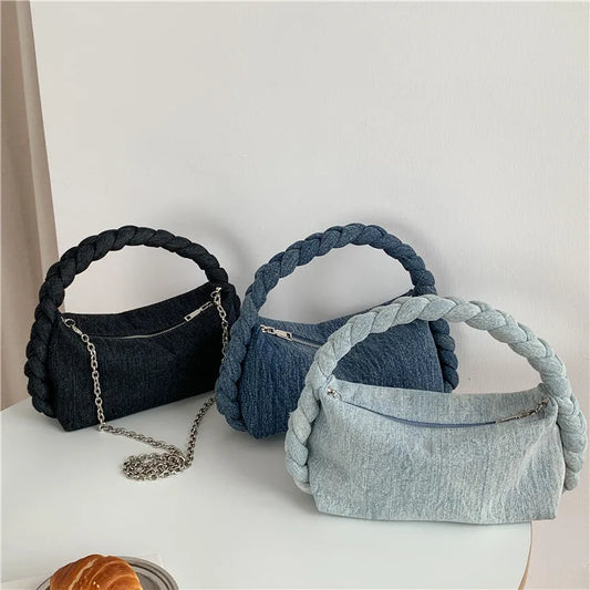 Damen Denim Umhängetasche – Handgewebte Tasche mit Kettenriemen - Christina